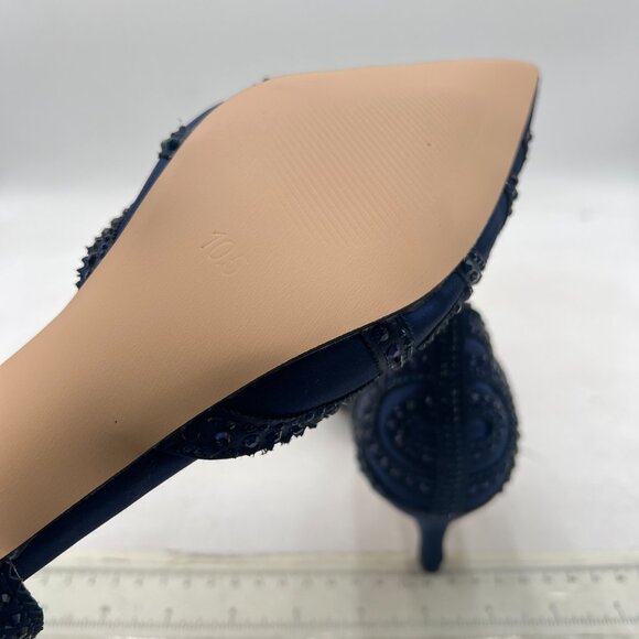 XYD Navy Pointed Toe D'Orsay Kitten Heel Rhinestone Studs Slip-On Satin Shoes - Picture 9 of 14